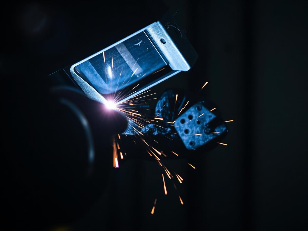 Welder joining a steel bracket with sparks flying
